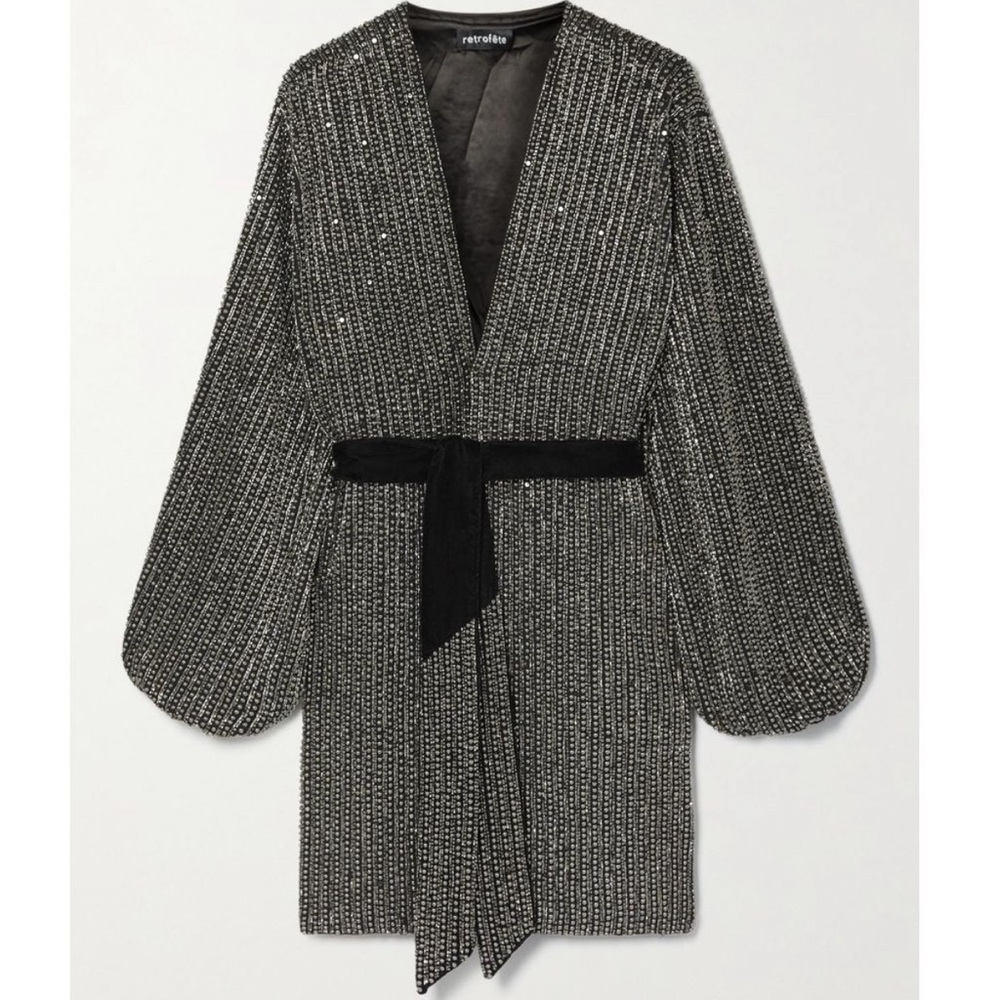 RETROFETE Gabrielle Velvet-trimmed Beaded Chiffon Mini Wrap Dress in Silver - Picture 7 of 9